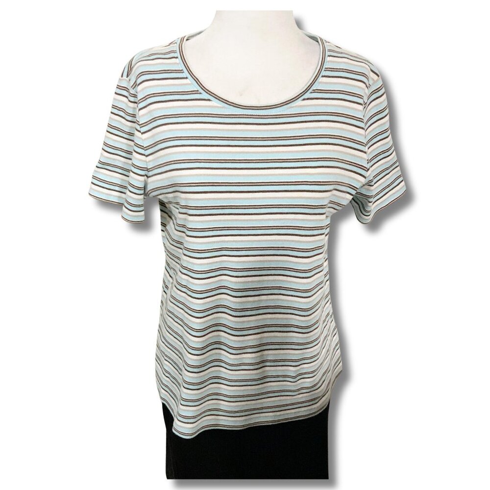 NORTHERN REFLECTIONS Blue cream brown vertical striped t-shirt MEDIUM LARGE top